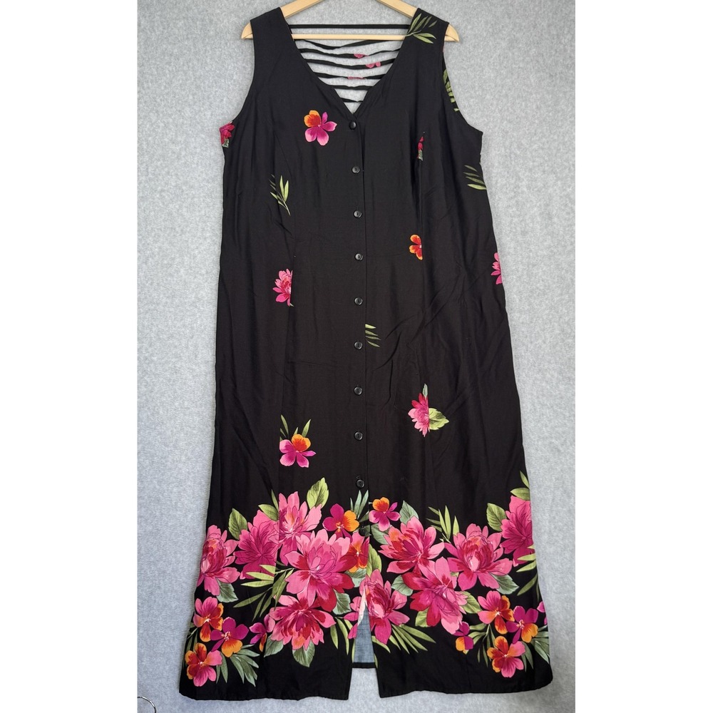 Vintage R&K Originals Maxi‎ Dress Womens 16W Black Floral Button Front Strappy